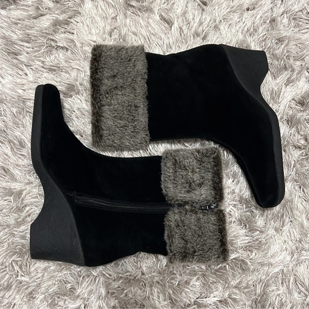 Aerosoles Black Faux Fur Trim Wedge Boots - Picture 2 of 8